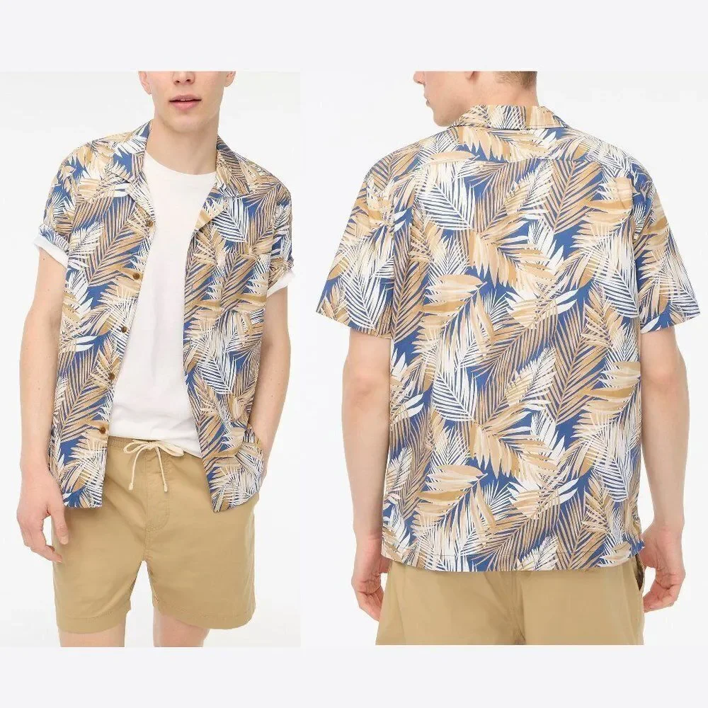 J Crew Men's Printed Flex Shirt Button Front Cotton Tropical Tan Blue Large
